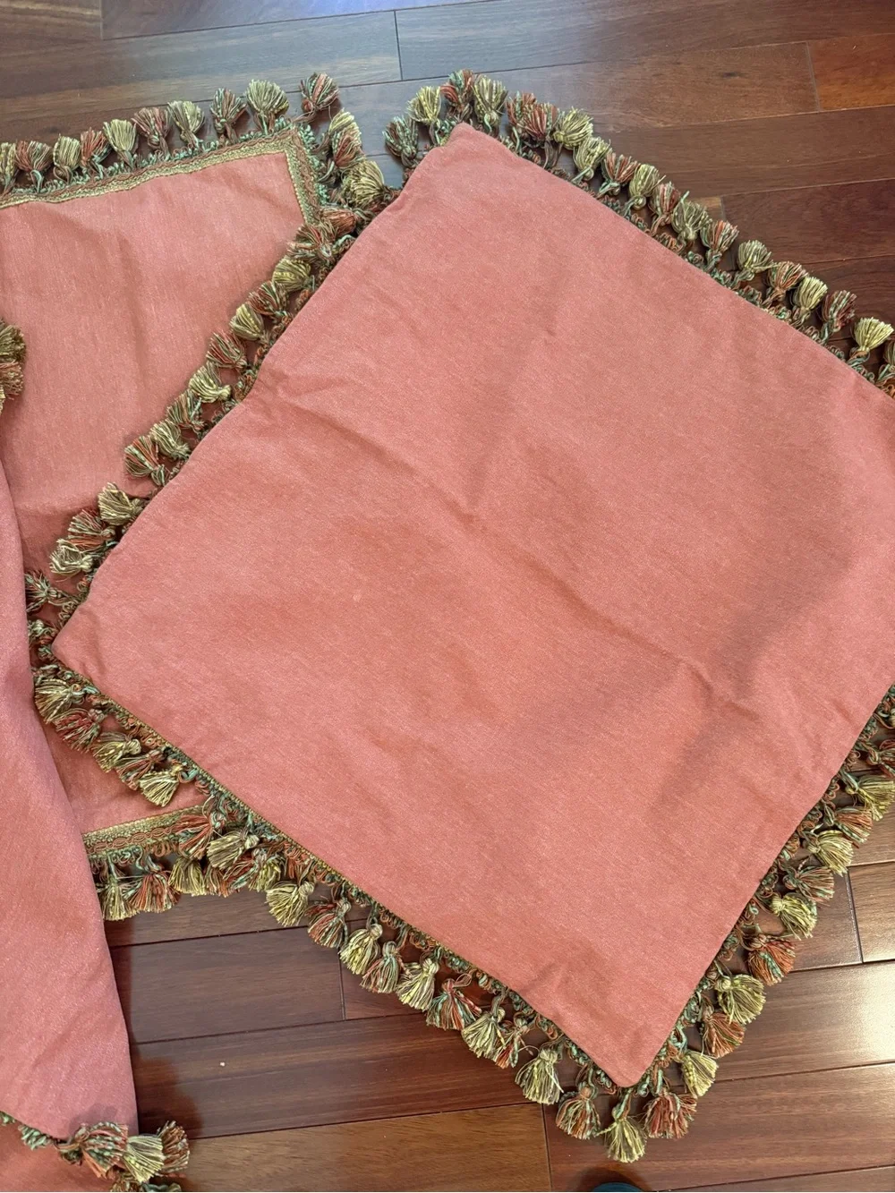 Euro Pillow Shams (3) Custom Made 26x26 In Pom Pom Fringe Pumpkin Rust Cotton
